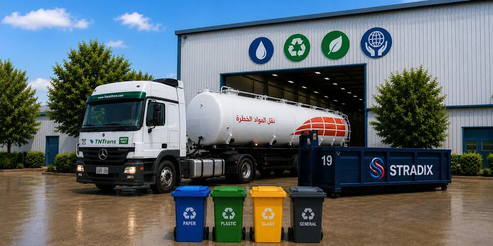 Hazardous-materials tanker and S-TRADIX waste skip with recycling bins